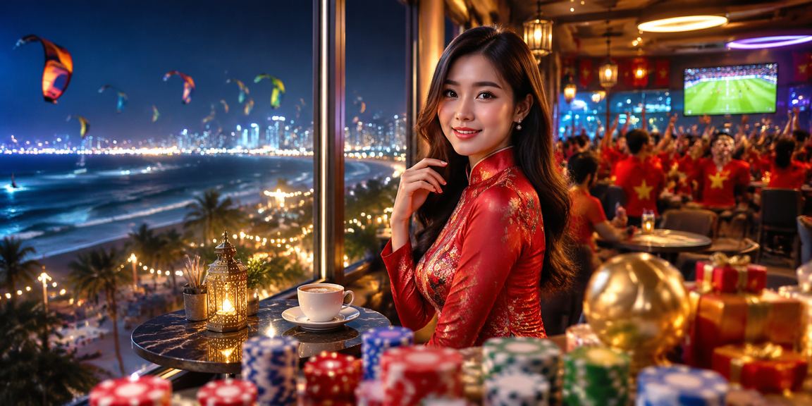 Người dùng Mũi Né trong trang phục áo dài trải nghiệm giao dịch tài chính trực tuyến tại bãi biển